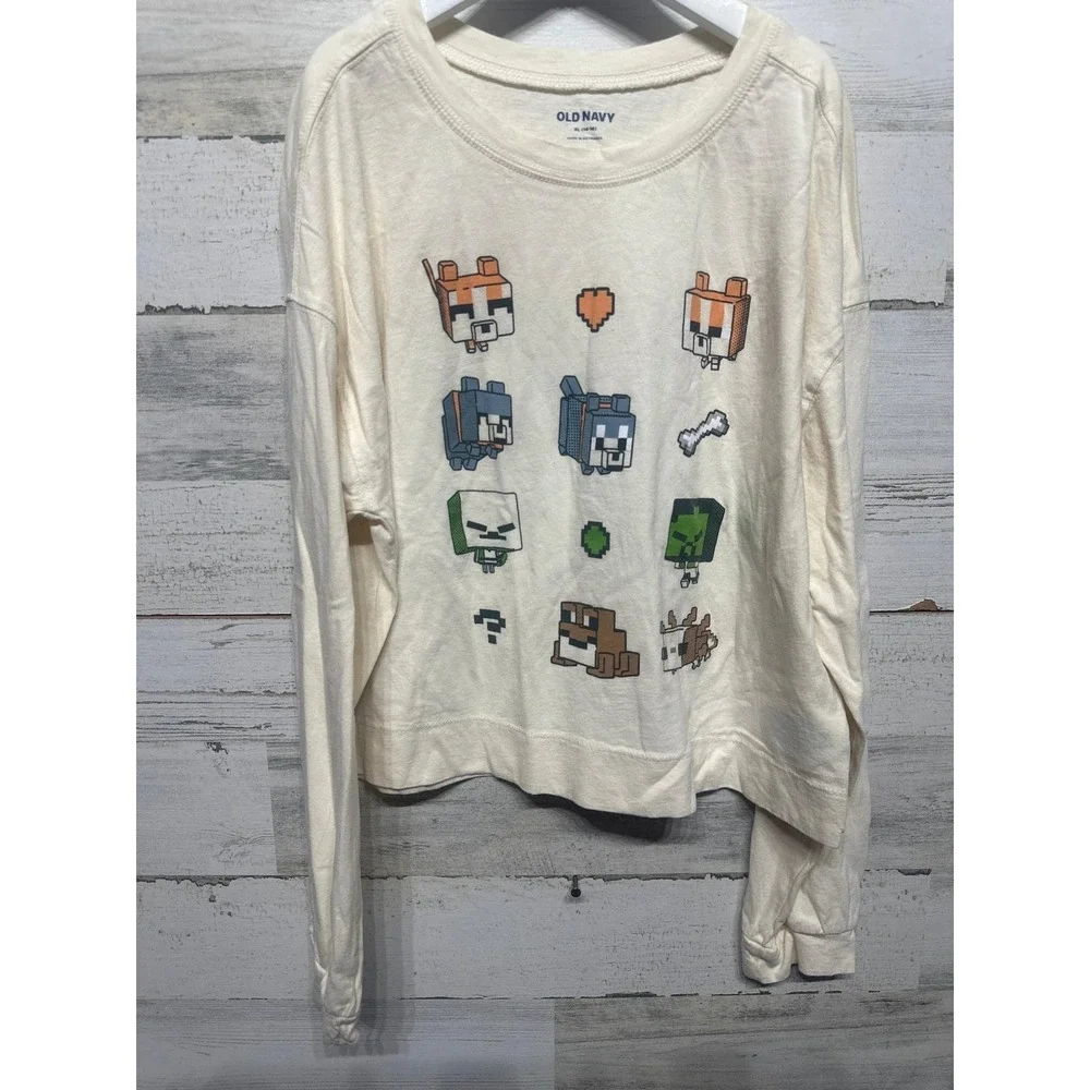 Old Navy Minecraft Shirt Girls XL 14 Cream Long Sleeve‎ Graphic Cropped GUC